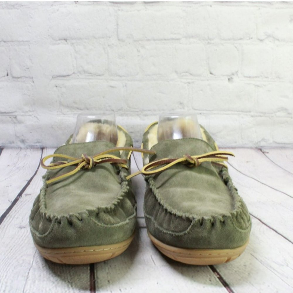 LL Bean Green Suede Wicked Good Shearling Lined Moccasin Slippers Size 12 - Picture 4 of 9